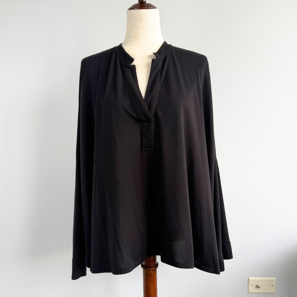 Natori Womens L Black Knit Split Neck Top Dolman Sleeve Oversized Swing Flowy